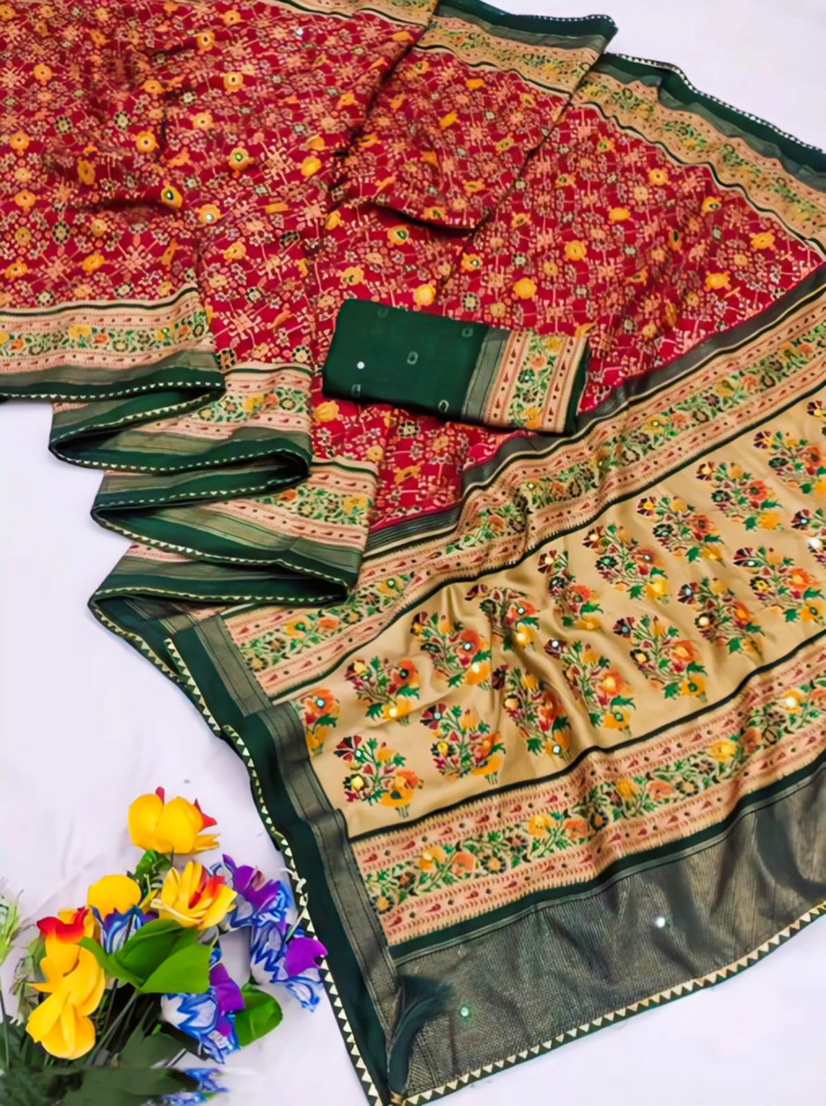 Premium Printed Pashmina Saree with Running Blouse – Elegant Chiffon Touch