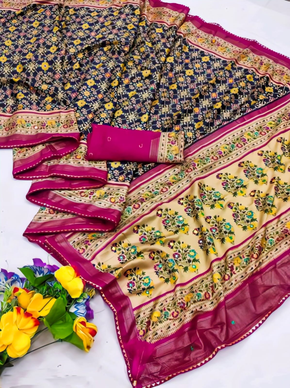 Premium Printed Pashmina Saree with Running Blouse – Elegant Chiffon Touch