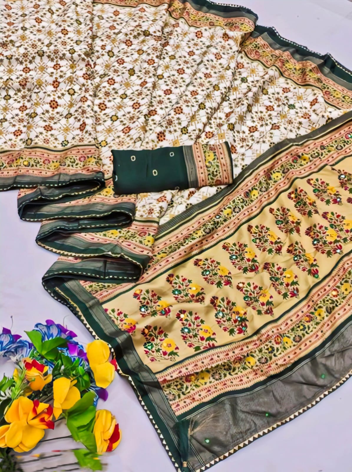 Premium Printed Pashmina Saree with Running Blouse – Elegant Chiffon Touch