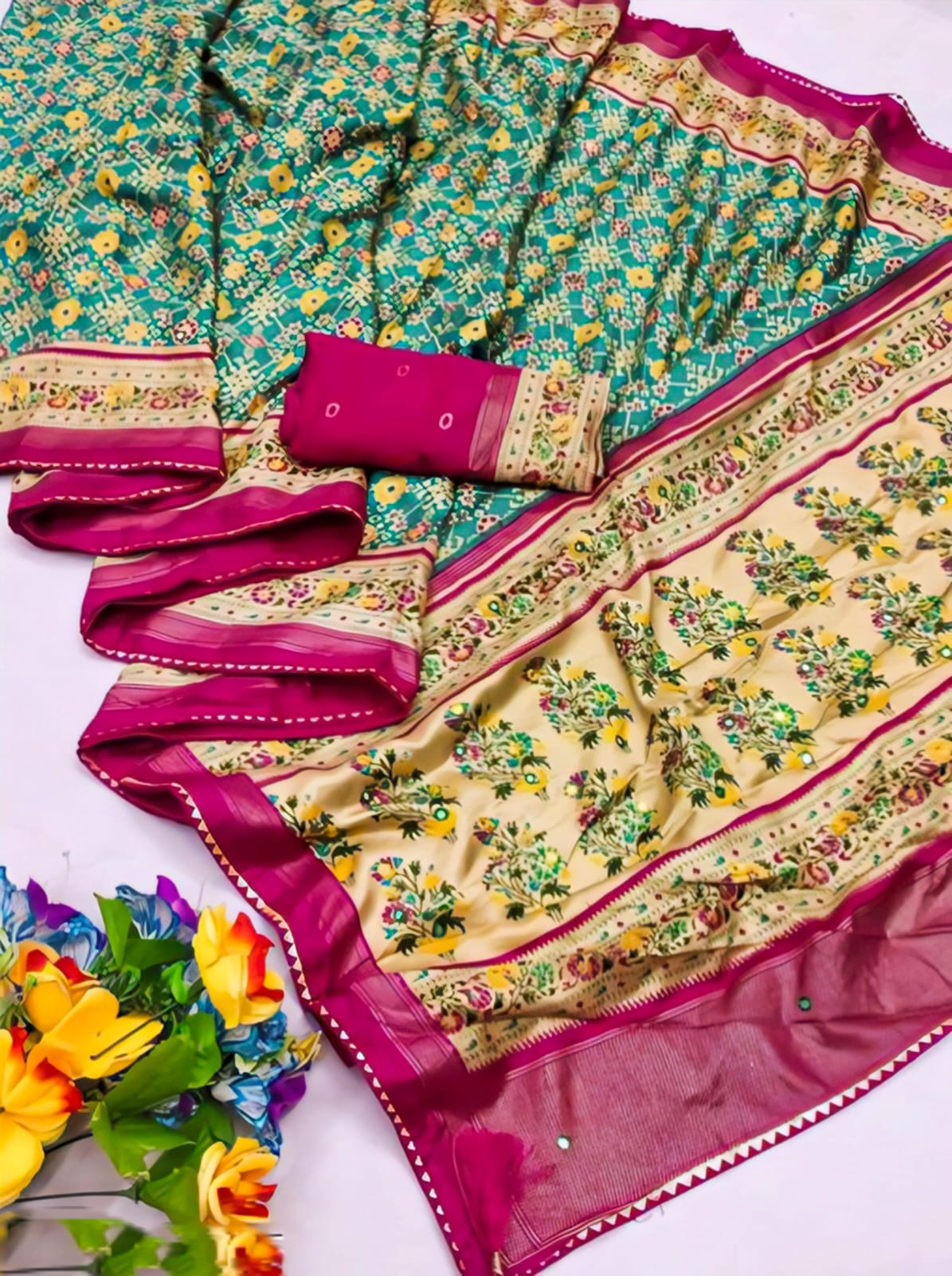 Premium Printed Pashmina Saree with Running Blouse – Elegant Chiffon Touch