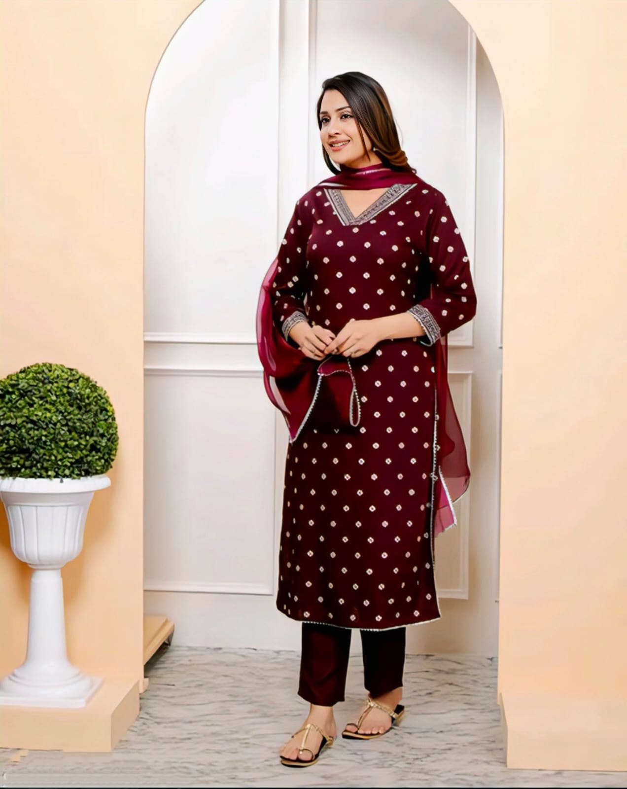 Wine Bandhani Embroidered Kurta Set with Dupatta