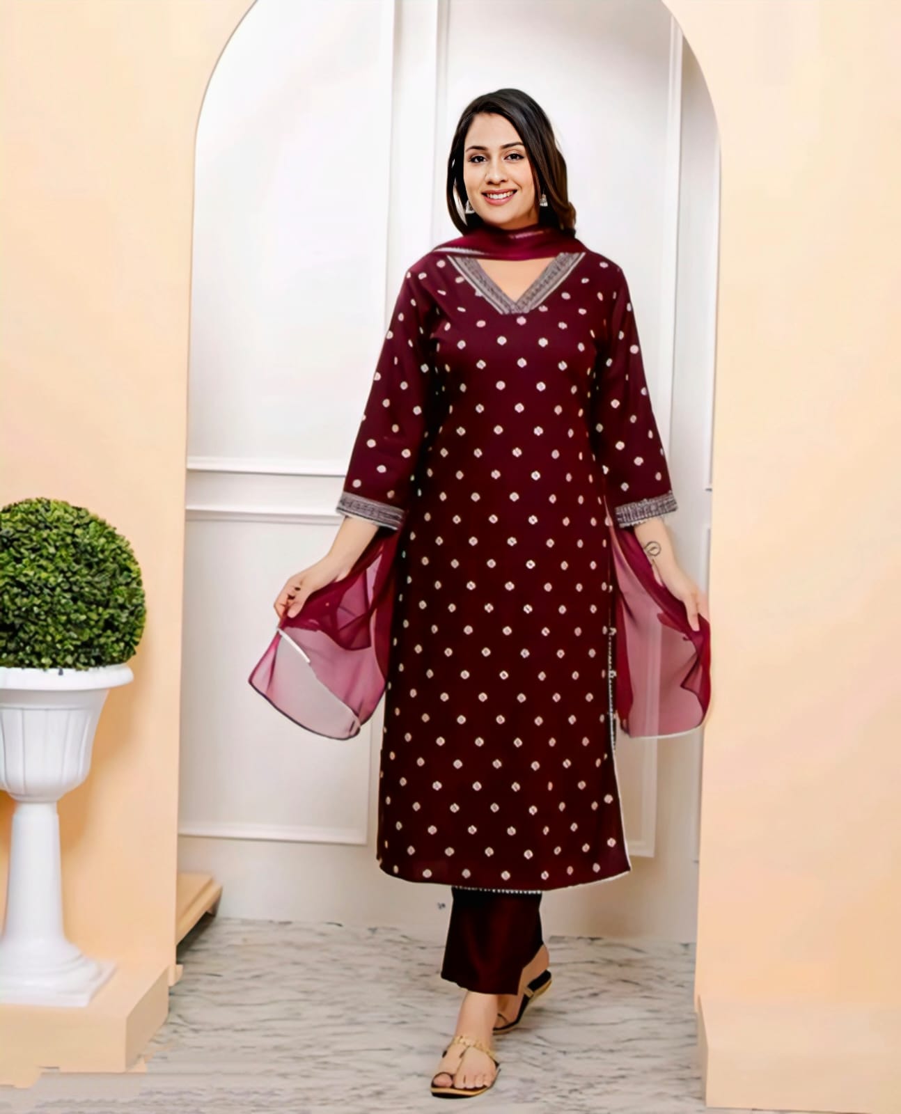 Wine Bandhani Embroidered Kurta Set with Dupatta