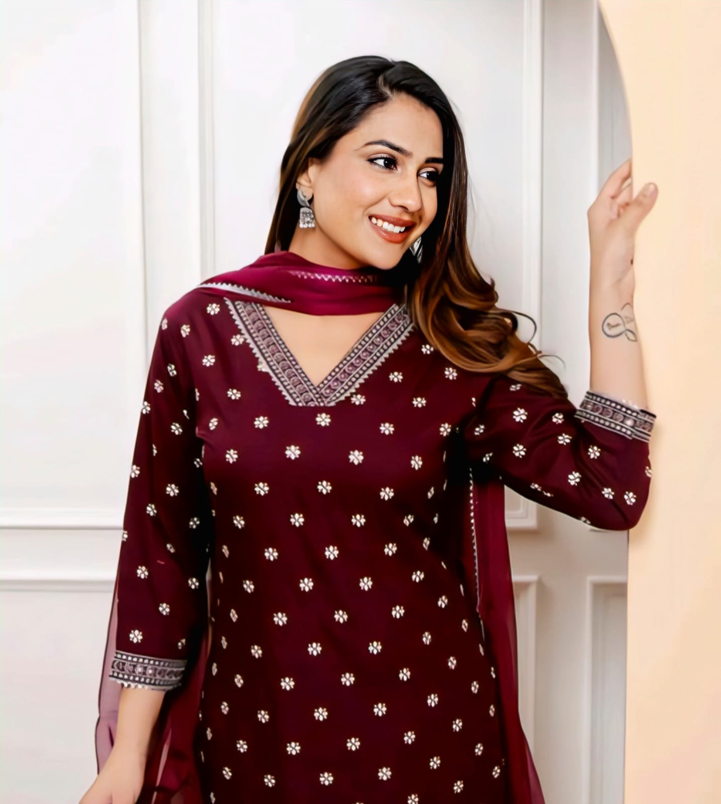 Wine Bandhani Embroidered Kurta Set with Dupatta