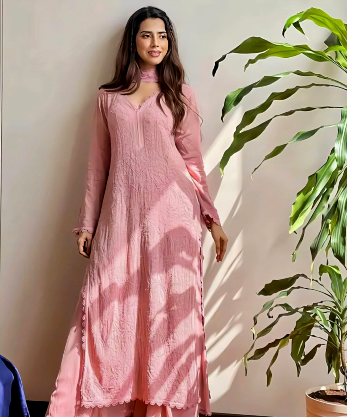 Heavy Embroidered Kurti Palazzo Dupatta Set β Chikankari Elegance