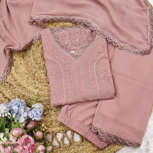 Heavy Embroidered Kurti Palazzo Dupatta Set – Chikankari Elegance