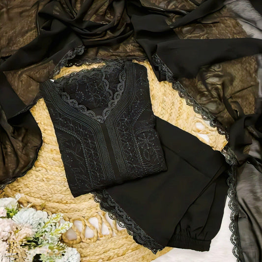 Georgette Heavy Embroidered Kurti Palazzo Dupatta Set – Chikankari Elegance