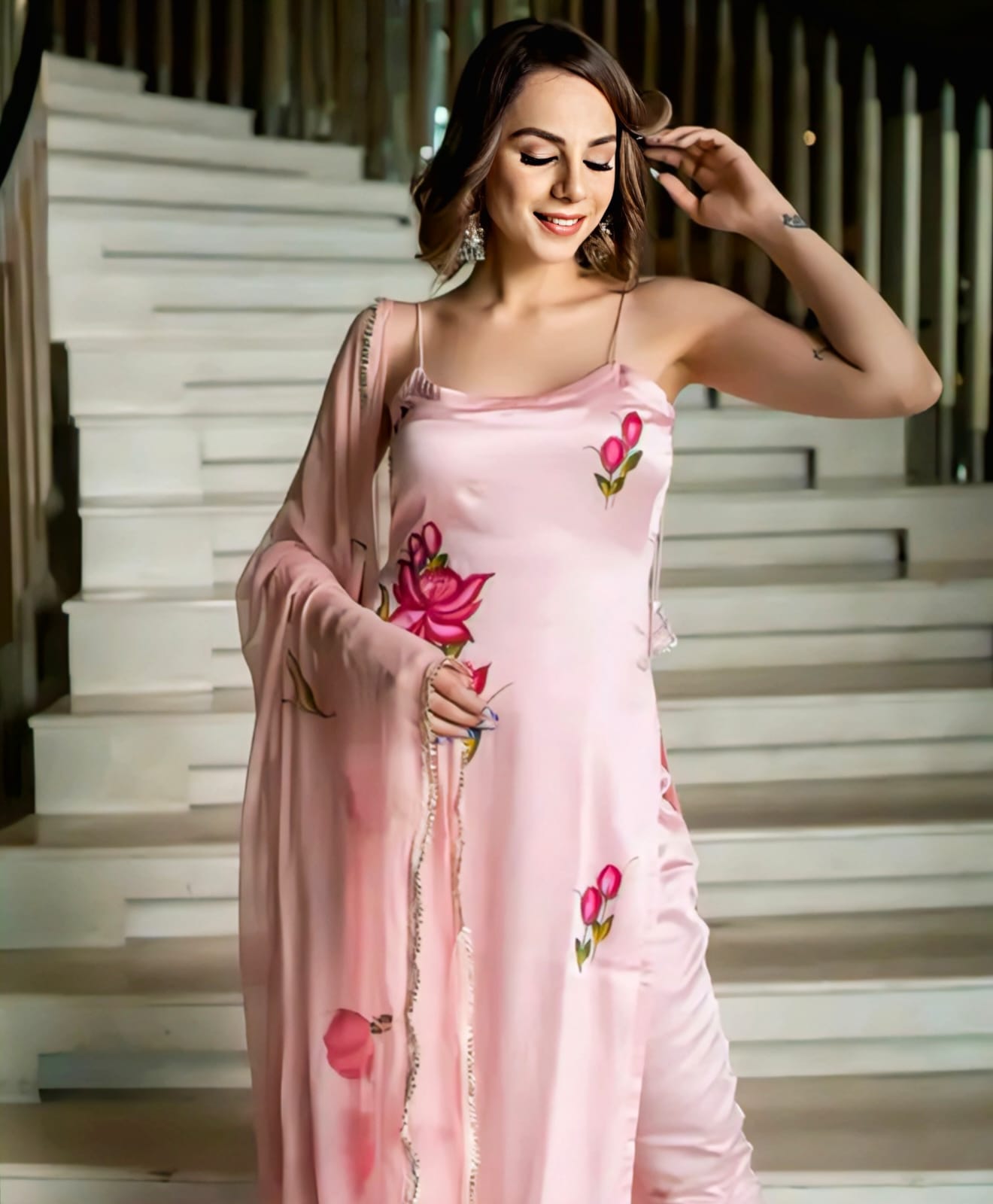 Peach Digital Printed French Crepe Kurta Pant Set with Tassel Back & Dupatta – Stylish Sleeveless Outfit for Casual Wear