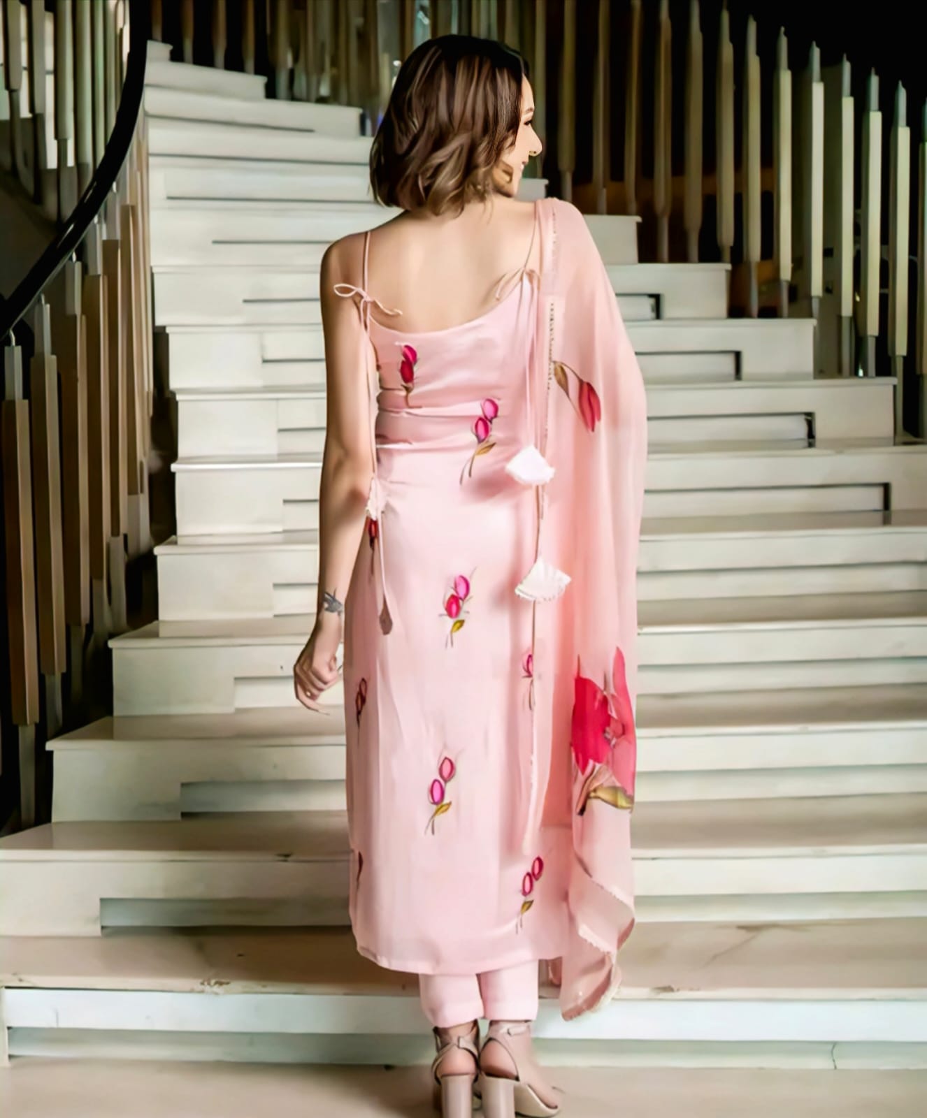 Peach Digital Printed French Crepe Kurta Pant Set with Tassel Back & Dupatta – Stylish Sleeveless Outfit for Casual Wear