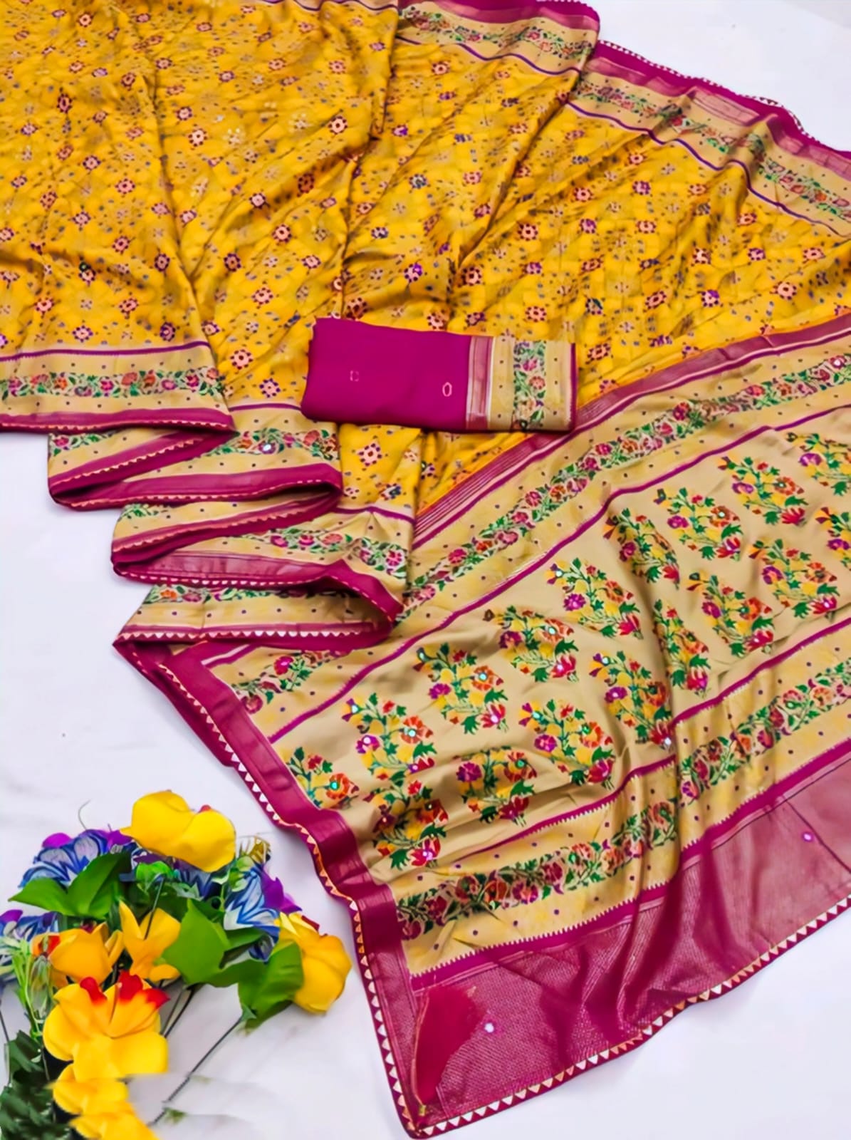 Premium Printed Pashmina Saree with Running Blouse – Elegant Chiffon Touch