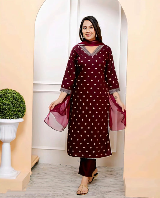 Wine Bandhani Embroidered Kurta Set with Dupatta