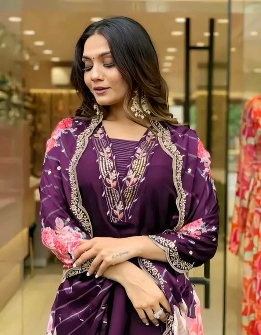 Purple Silk Embroidered Kurta Set