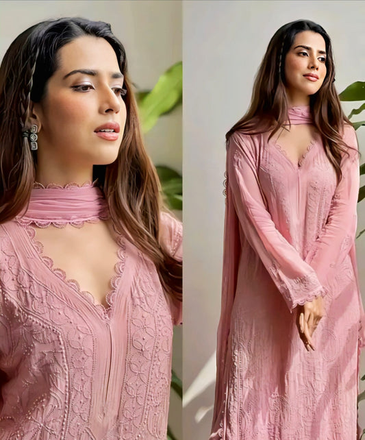 Heavy Embroidered Kurti Palazzo Dupatta Set – Chikankari Elegance