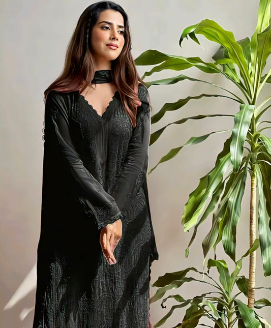 Georgette Heavy Embroidered Kurti Palazzo Dupatta Set – Chikankari Elegance