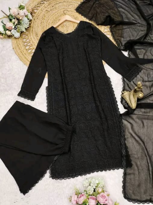 Georgette Heavy Embroidered Kurti Palazzo Dupatta Set – Chikankari Elegance