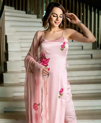 Peach Digital Printed French Crepe Kurta Pant Set with Tassel Back &amp; Dupatta – Stylish Sleeveless Outfit for Casual Wear