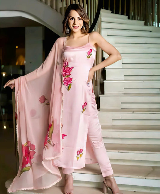 Peach Digital Printed French Crepe Kurta Pant Set with Tassel Back &amp; Dupatta – Stylish Sleeveless Outfit for Casual Wear